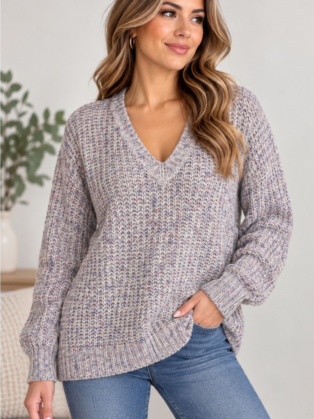 torrid Light Heathered Gray Speckled V-Neck Sweater